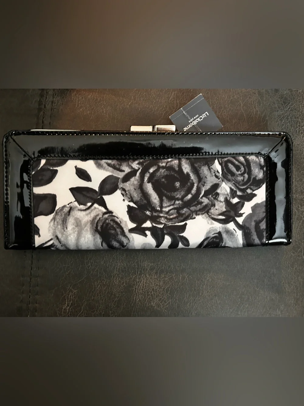 NWT Liz Claiborne Black & Gray White floral Patent satin Clutch with silver trim